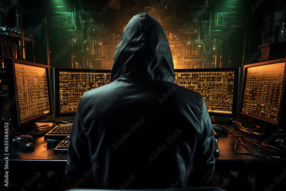 Poster hacker sitting at the computer cyber security and antispyware concept