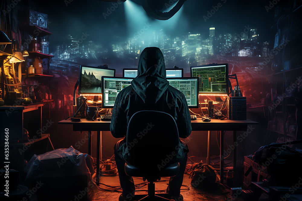 Poster hacker sitting at the computer cyber security and antispyware concept