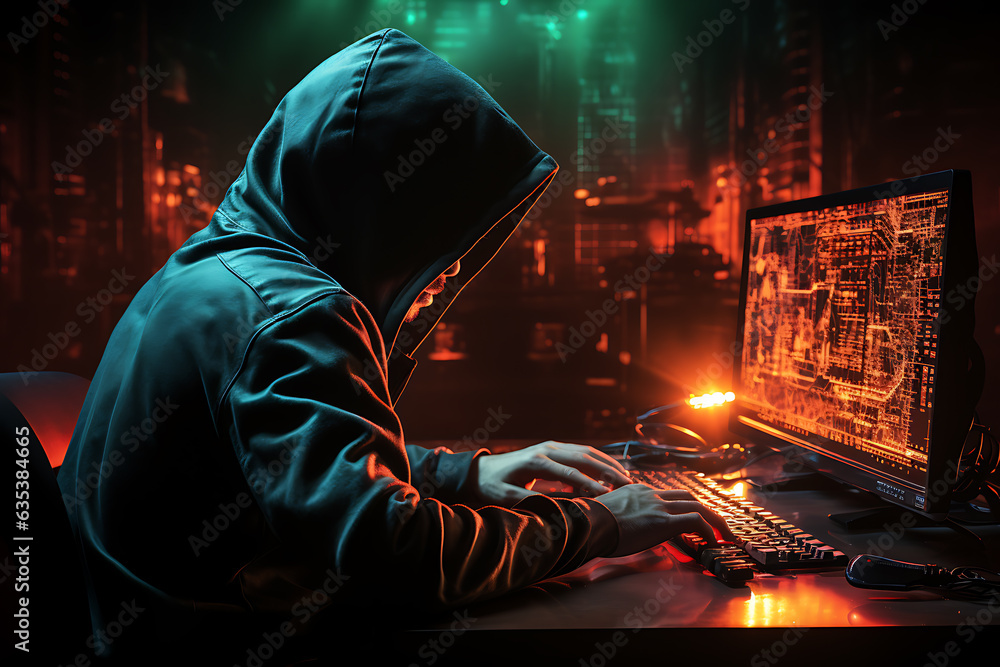 Poster hacker sitting at the computer cyber security and antispyware concept