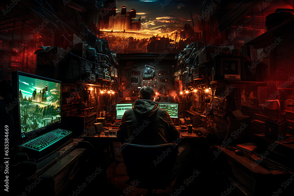 Poster hacker sitting at the computer cyber security and antispyware concept