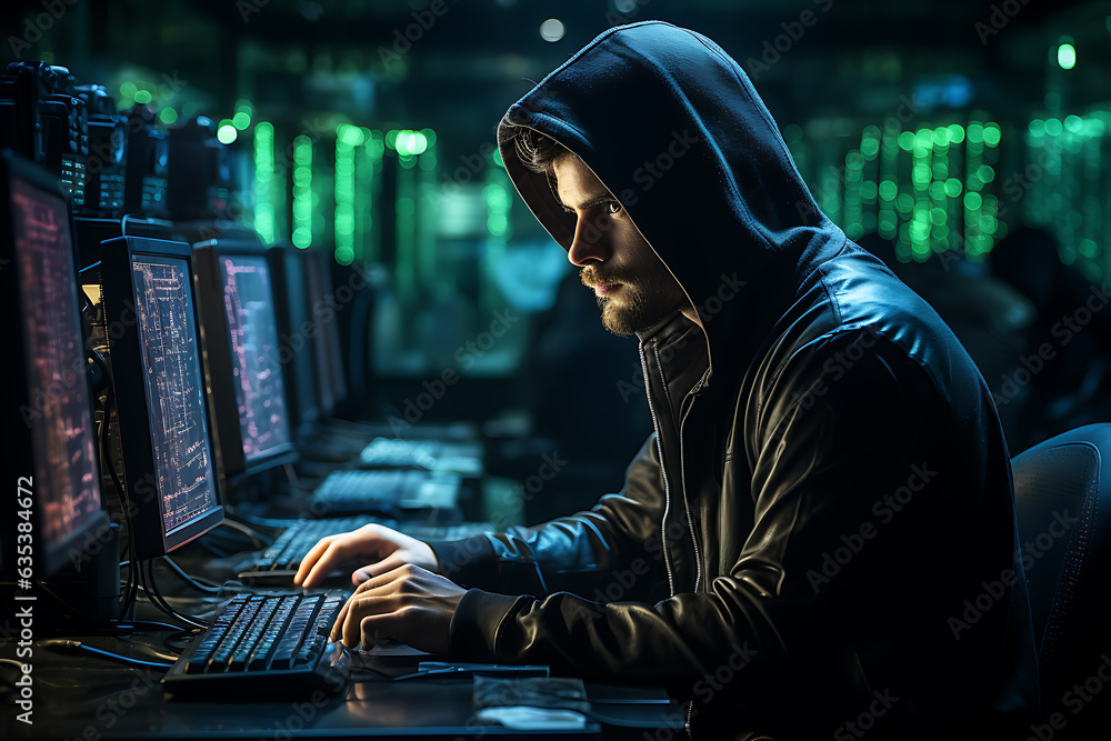 Poster hacker sitting at the computer cyber security and antispyware concept