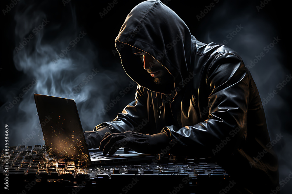 Poster hacker sitting at the computer cyber security and antispyware concept