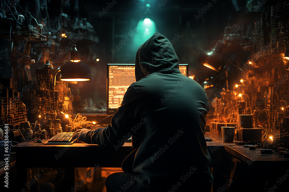 Poster hacker sitting at the computer cyber security and antispyware concept