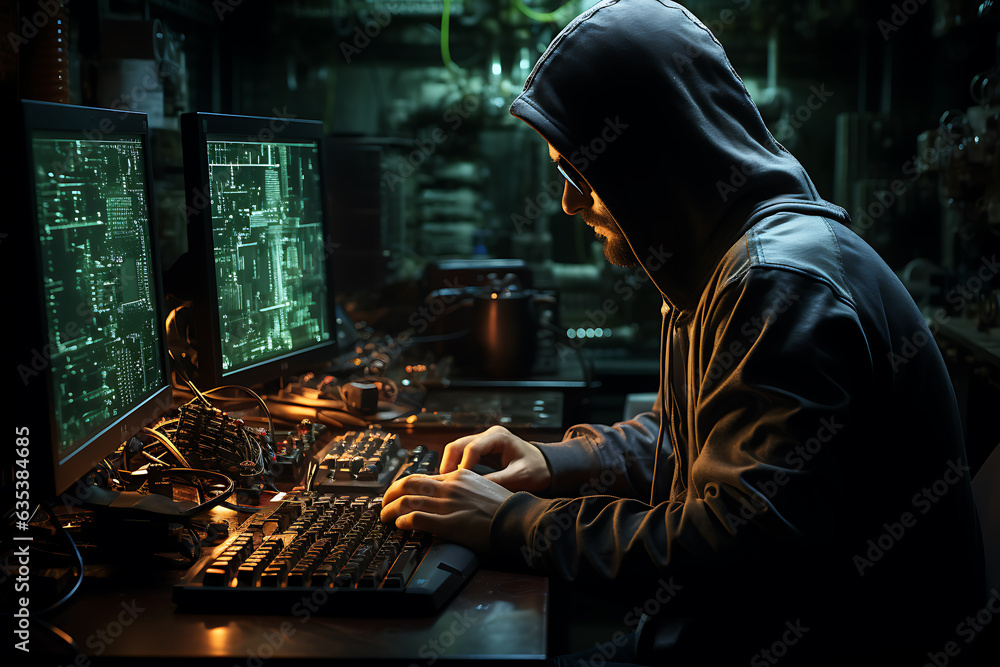Poster hacker sitting at the computer cyber security and antispyware concept