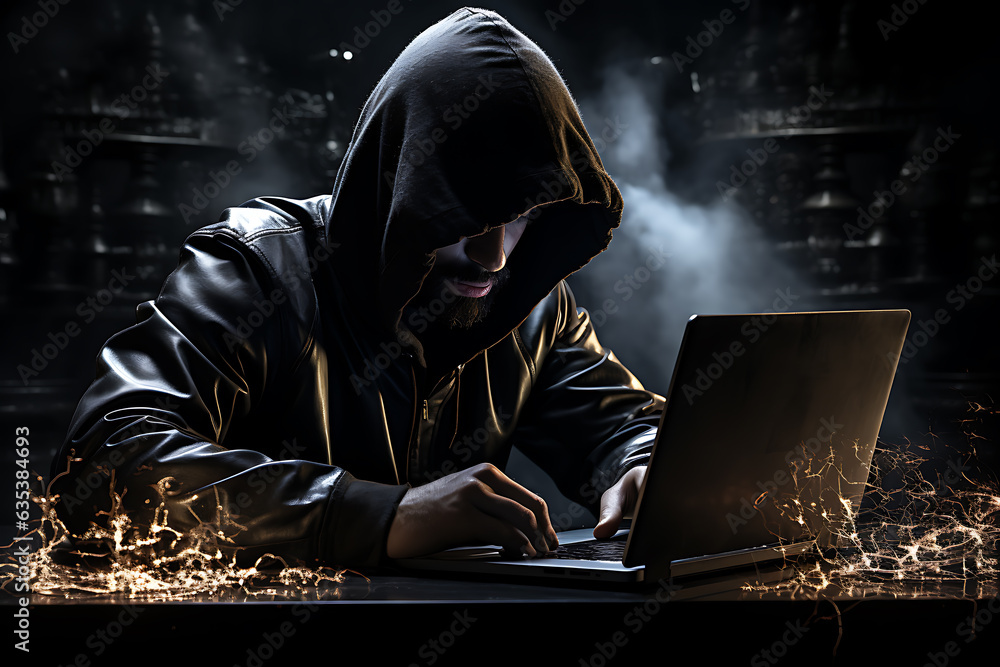 Poster hacker sitting at the computer cyber security and antispyware concept