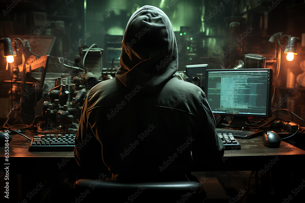 Poster hacker sitting at the computer cyber security and antispyware concept