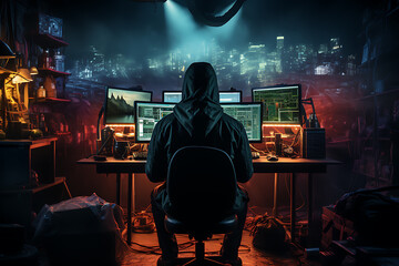 hacker sitting at the computer cyber security and antispyware concept 