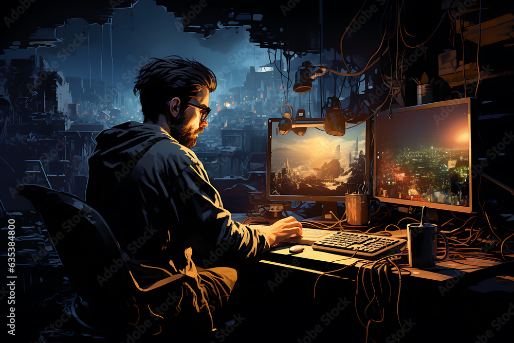 Poster hacker sitting at the computer cyber security and antispyware concept