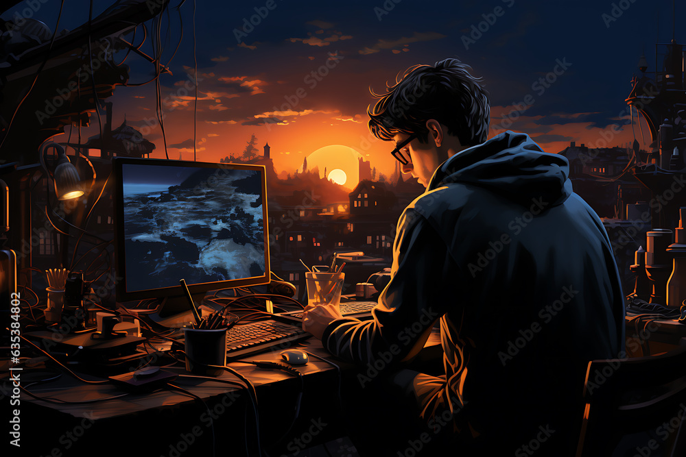 Poster hacker sitting at the computer cyber security and antispyware concept