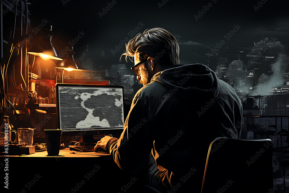 Poster hacker sitting at the computer cyber security and antispyware concept