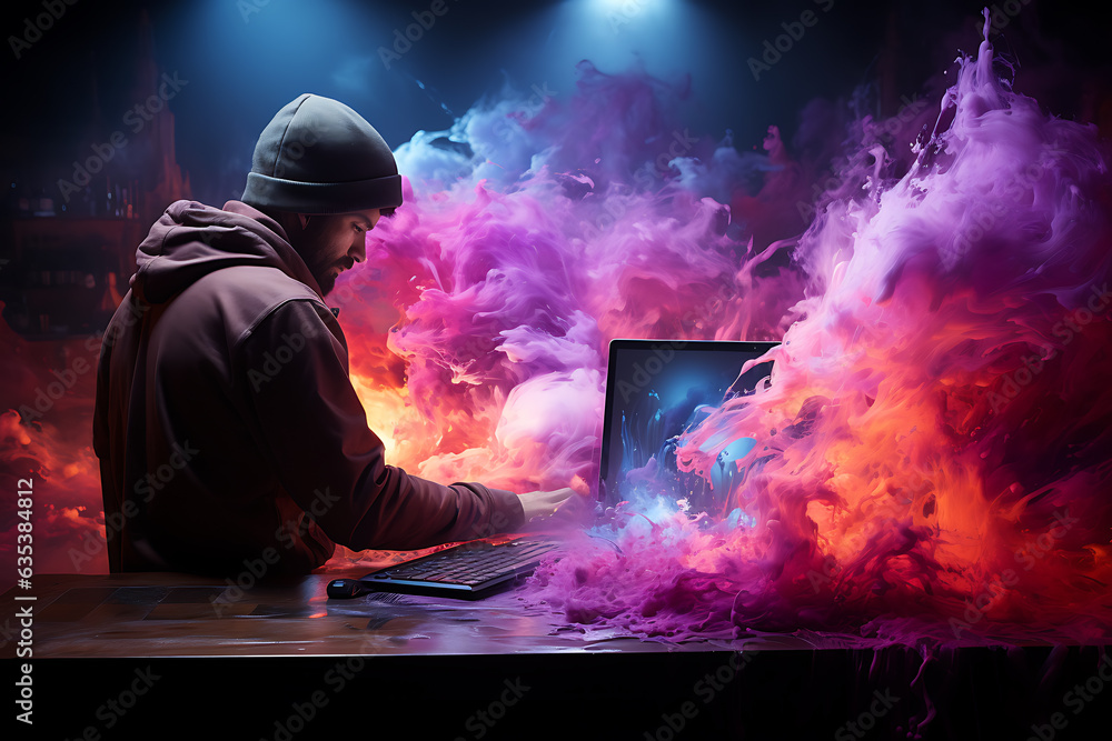 Poster hacker sitting at the computer cyber security and antispyware concept