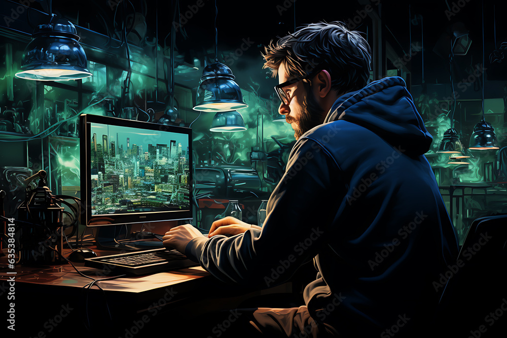 Poster hacker sitting at the computer cyber security and antispyware concept