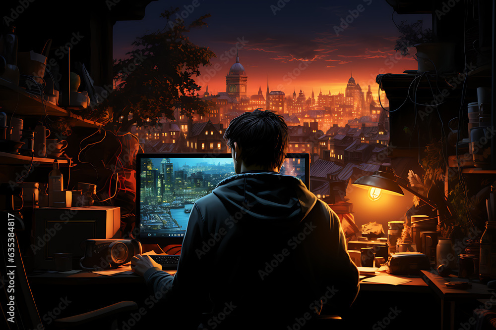 Poster hacker sitting at the computer cyber security and antispyware concept
