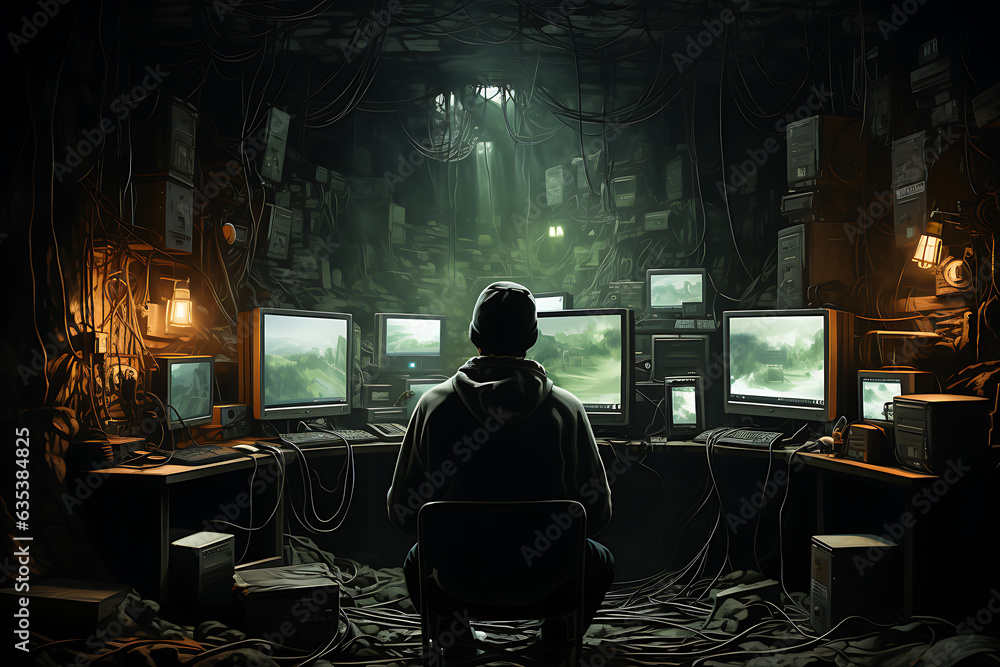 Poster hacker sitting at the computer cyber security and antispyware concept
