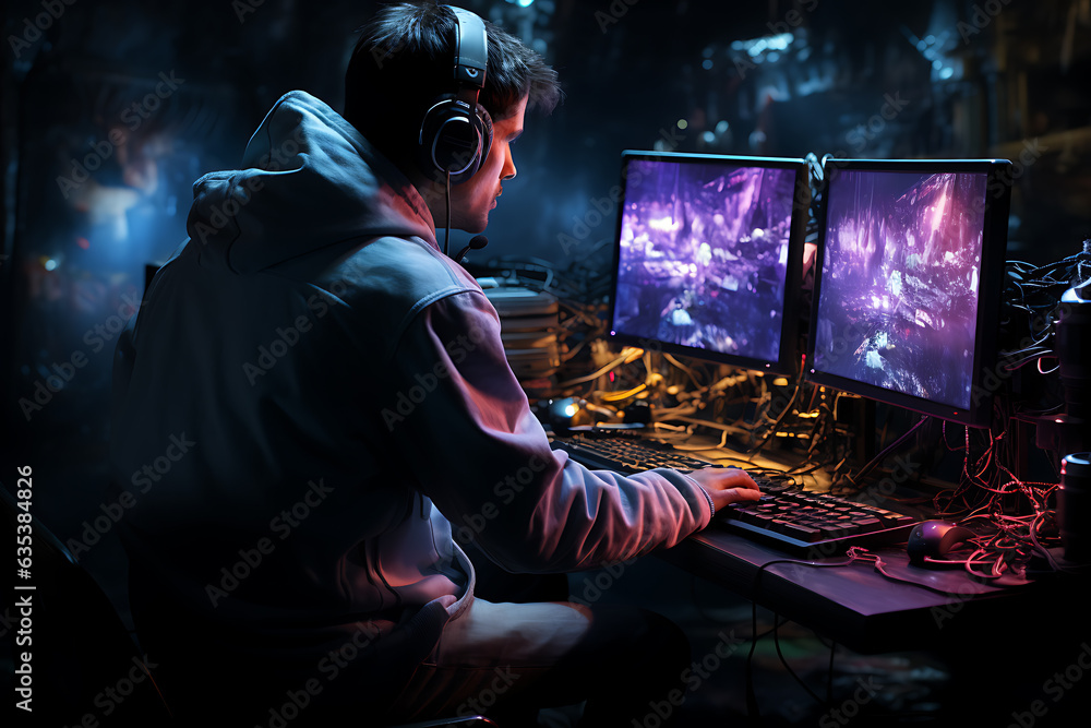 Poster hacker sitting at the computer cyber security and antispyware concept