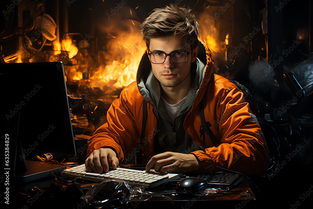 Poster hacker sitting at the computer cyber security and antispyware concept