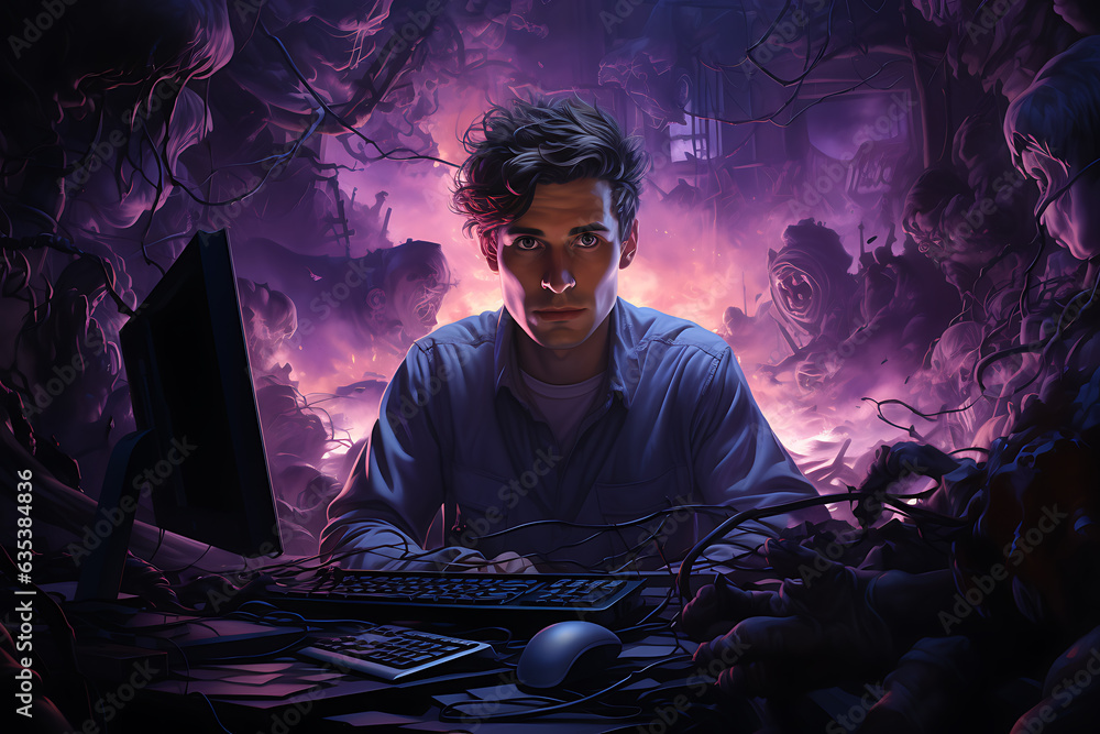 Poster hacker sitting at the computer cyber security and antispyware concept