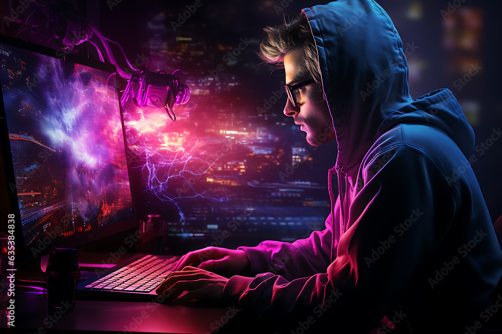 Poster hacker sitting at the computer cyber security and antispyware concept