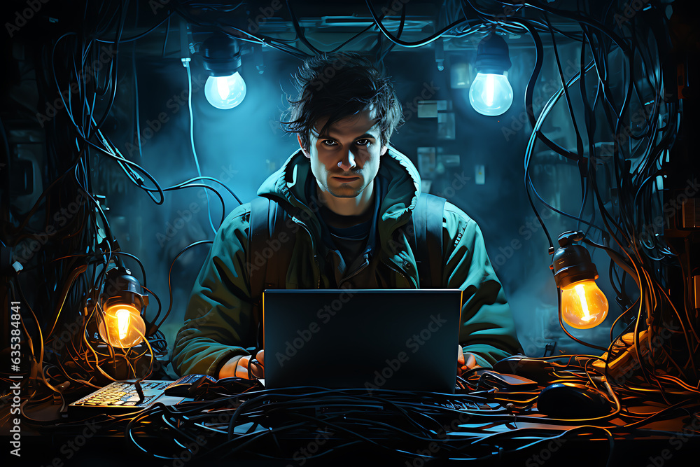 Poster hacker sitting at the computer cyber security and antispyware concept