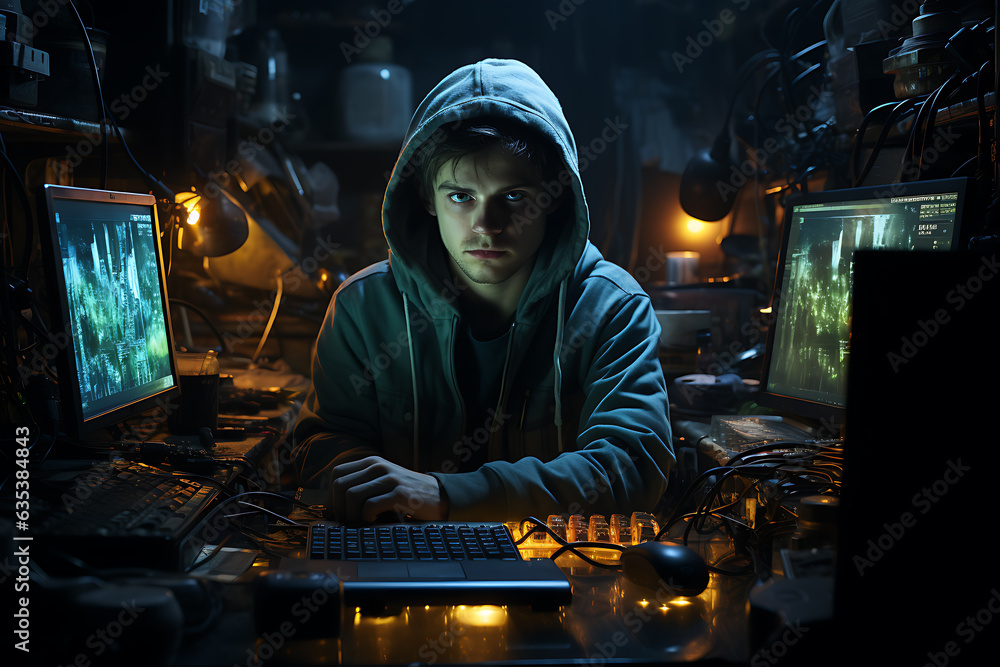 Poster hacker sitting at the computer cyber security and antispyware concept