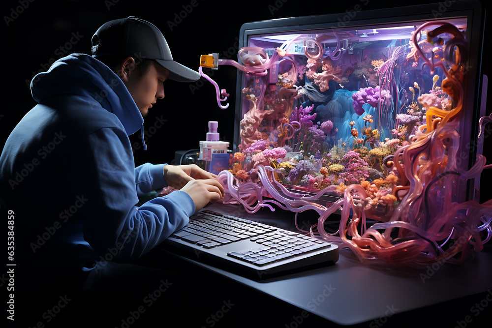 Poster hacker sitting at the computer cyber security and antispyware concept