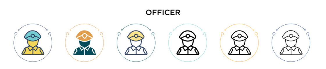 Officer icon in filled, thin line, outline and stroke style. Vector illustration of two colored and black officer vector icons designs can be used for mobile, ui, web