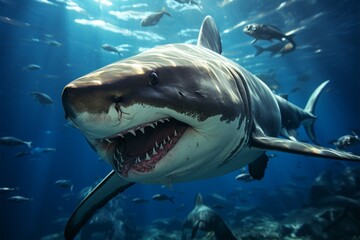 Fototapeta premium Ocean depths reveal pair of sharks in elegant aquatic ballet Generative AI
