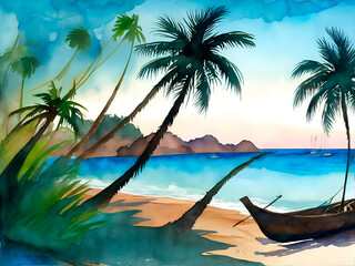 Beautiful beach with coconut palms, abandoned old ship on the seashore, sunset, watercolor