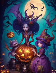 An imaginative and artistic digital illustration depicting a whimsical Halloween carnival in a fantastical world, Generative AI.