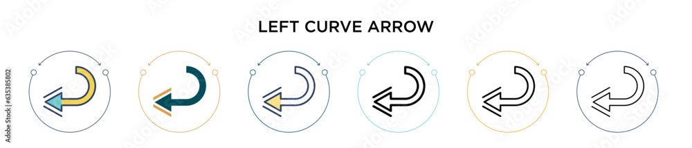 Poster left curve arrow icon in filled, thin line, outline and stroke style. vector illustration of two col