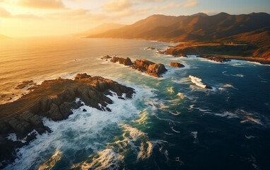 Aerial beautiful shot of a seashore with hills on the background at sunset