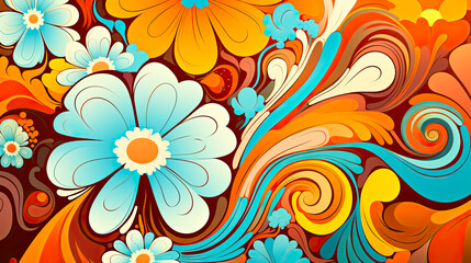 Fototapeta na wymiar Colorful 70s Retro Style poster art with flowers, and psychedelic wavy shapes, colors in orange, pale blue, yellow and greens. Background texture or wall art.