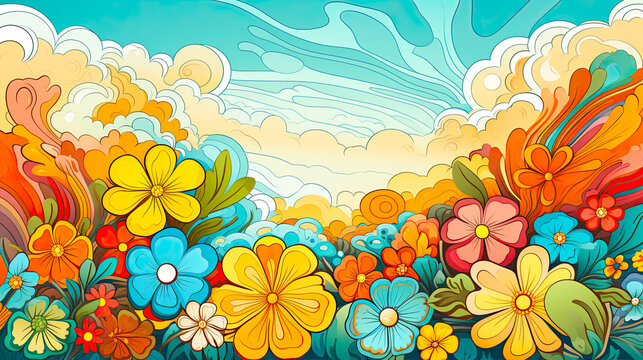 Colorful 70s Retro Style poster art with flowers, and psychedelic wavy shapes, colors in orange, pale blue, yellow and greens. Background texture or wall art.