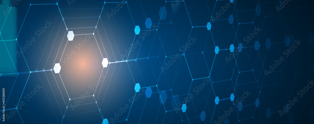 Poster Technology banner design with hexagons abstract background.