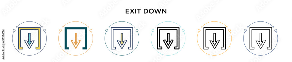 Poster exit down icon in filled, thin line, outline and stroke style. vector illustration of two colored an