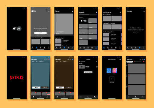 TV+ and Netflix streaming service set. A popular streaming service for watching movies and series. Netflix app layout. TV+ app layout. Mockup template. Social media interface.