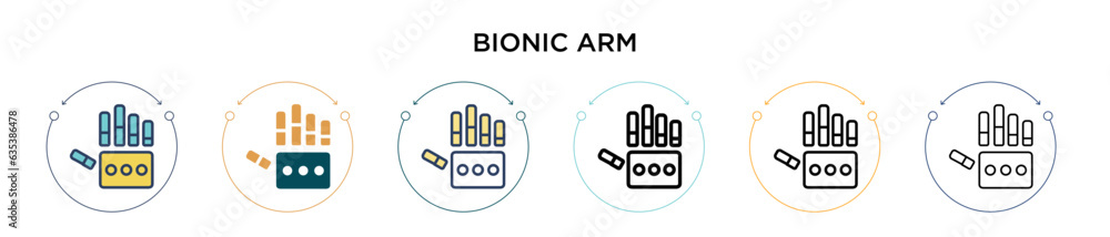 Poster bionic arm icon in filled, thin line, outline and stroke style. vector illustration of two colored a