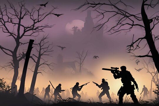 Halloween zombie apocalypse with spooky silhouettes. AI Generative image