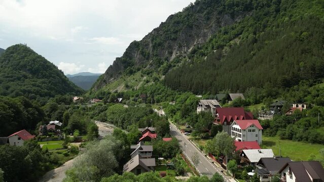 Aerial View of Charming Lepsa: Mountain Town Amidst Romanian Peaks