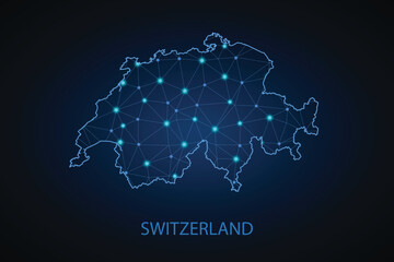 Switzerland map of polygonal mosaic lines network, rays and space stars of vector illustration.