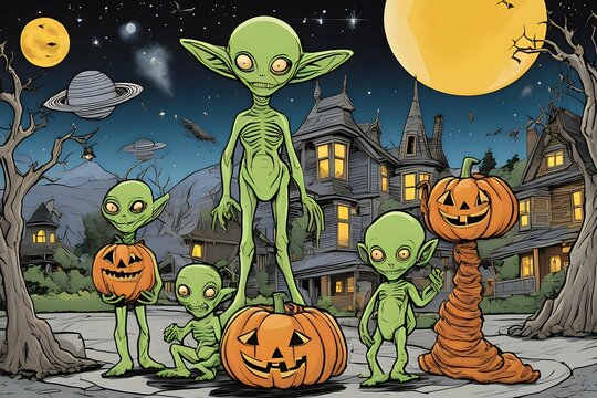 Halloween illustration with creepy aliens and pumpkins, castle, AI generative image