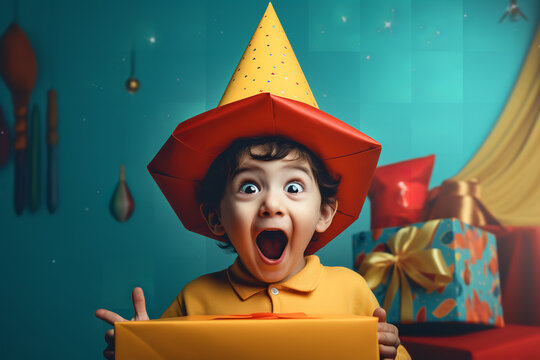 Innocent excitement shines in a child's eyes, clad in a festive hat, unveiling a brightly wrapped surprise gift