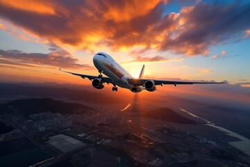 Fototapeta na wymiar Airplane on sky with drone shot, sunset time, Generate with Ai