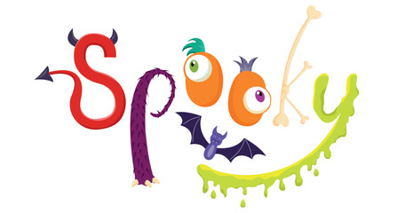 Spooky lettering design with bat in cartoon style. Holiday calligraphy for halloween poster, banner, greeting card, invitation, t-shirt. Vector trendy illustration.