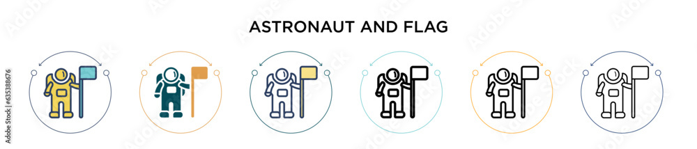 Poster astronaut and flag icon in filled, thin line, outline and stroke style. vector illustration of two c