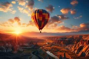 Hot air balloons in Cappadocia, Turkey, wide shot, sunset. generative with ai.