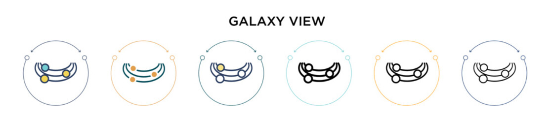 Galaxy view icon in filled, thin line, outline and stroke style. Vector illustration of two colored and black galaxy view vector icons designs can be used for mobile, ui, web