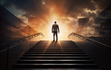 Ambitious business man climbing stairs to success