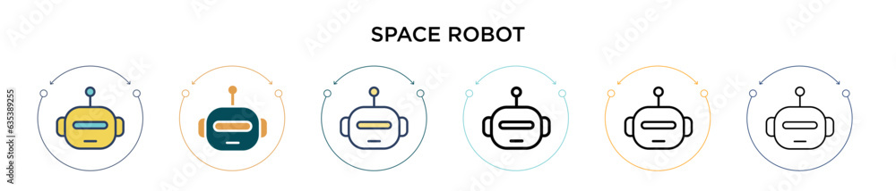 Poster space robot icon in filled, thin line, outline and stroke style. vector illustration of two colored 
