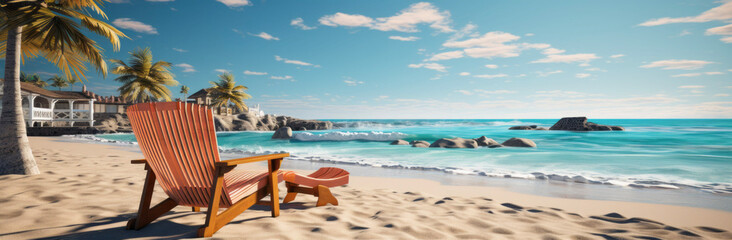 Obraz premium Vacation in pastel tones on a caribic beach with best weather, sunny day, blue sky and extremely relaxing feeling, 3D graphic, AI-generated